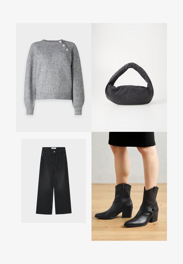 Grå strikket sweater med lange ærmer, ribbet kant og tre dekorative knapper på venstre skulder, udstyret med en blød tekstur.; Sorte vidde jeans med høj talje, bæltestropper, forreste knap- og lynlåslukning samt et stofbælte bundet i taljen.; Sorte læder ankelstøvler med spids tå, lynlås lukning, buet hæl og en dekorativ rem med metal detaljer.; Mørkegrå stofpose med et buet håndtag, blød tekstur og rund form. Ingen synligt hardware eller pynt.