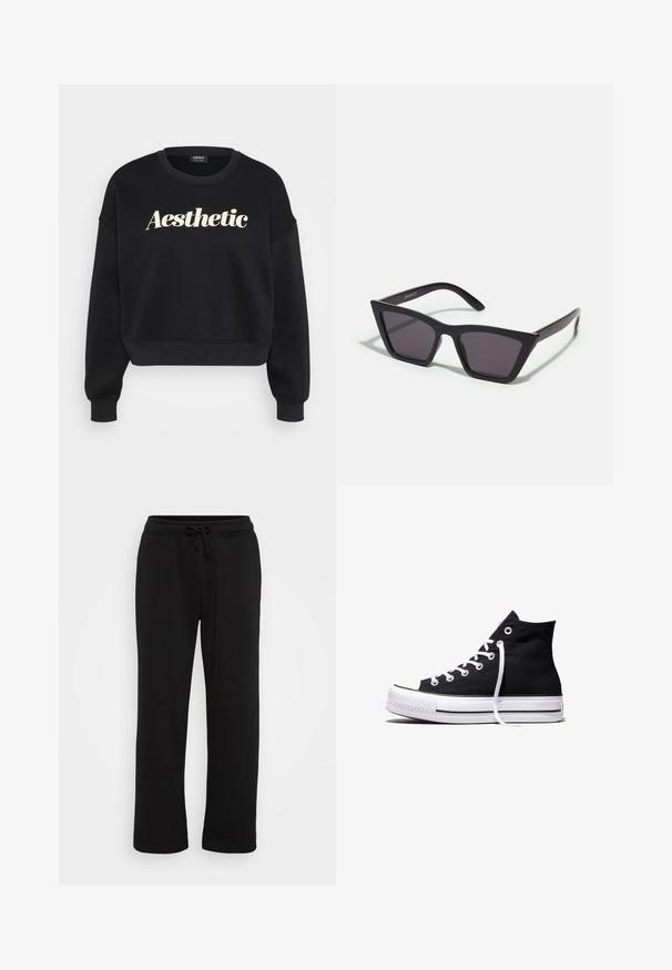 Μαύρο cropped sweatshirt φτιαγμένο από μαλακό υλικό, με γραφικό κείμενο "Aesthetic" σε κρέμα χρώμα στο μπροστινό μέρος και πλεκτές μανσέτες.; Μαύρες καμπάνες φόρμας με ευθεία γραμμή και ελαστική μέση, διαθέσιμες με ρυθμιζόμενο κορδόνι, παρουσιασμένες σε λευκό φόντο.; Μαύρο καμβαδένιο αθλητικό παπούτσι ψηλό στον αστράγαλο με λευκή λαστιχένια σόλα και λευκά κορδόνια, απεικονιζόμενο από το πλάι σε λευκό φόντο.; Μαύρα, γωνιώδη γυαλιά ηλίου με γκρι φακούς; κατασκευασμένα από πλαστικό, με χοντρές βραχίονες με λεία επιφάνεια και χωρίς ορατό μηχανισμό.