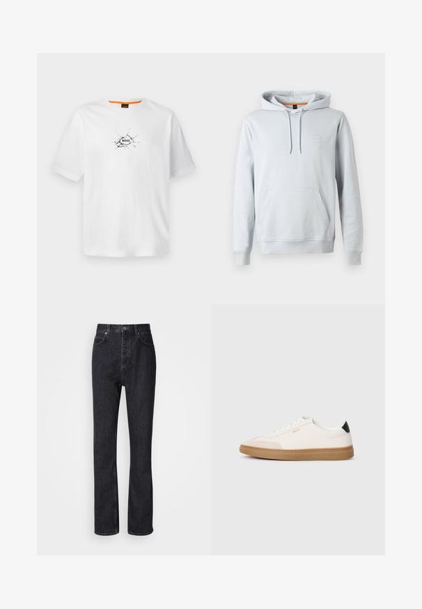 Lichtgrijze hoodie van zacht stof. Heeft een voorzak in kangoeroestijl, een capuchon met trekkoord en een klein logo-opdruk op de borst.; Witte katoenen t-shirt met een ronde hals, voorzien van een zwart gebarsten ontwerp en het woord "BOSS" in het midden. Korte mouwen.; Hoge taille zwarte denim jeans met een knoop- en ritssluiting, voor- en achterzakken en een rechte pasvorm.; Witte sneakers met beige accenten, bovenwerk van glad leer, ronde neus en rubberen gumzool, met een zwarte hieltab en subtiele branding.