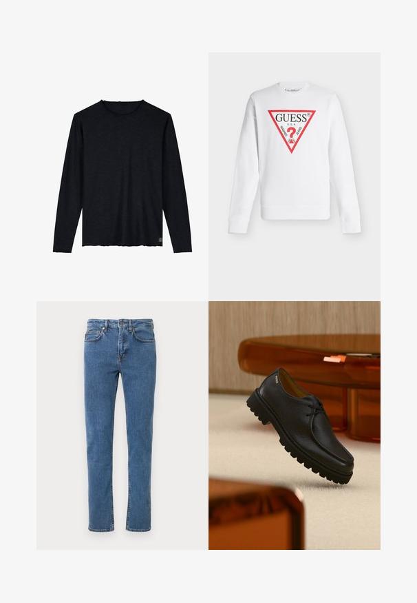 Witte trui met lange mouwen met een rood driehoekig logo waarop "GUESS U.S.A." en "WASHED JEANS" staat rond een rood vraagteken.; Zwart longsleeve shirt gemaakt van zacht stoffen met een ronde hals, voorzien van een rauwe zoom en een subtiele logo-accent aan de onderzijde.; Blauwe denim jeans met een rechte pijp, voorzien van een klassiek ontwerp met vijf zakken, riemlussen en contrasterende stikdetails.; Zwart gestructureerd leren veterschoen met dikke geribbelde zool, voorzien van het merk "HUGO" vlak bij de hiel, weergegeven tegen een beige tapijt en amberkleurig meubilair.