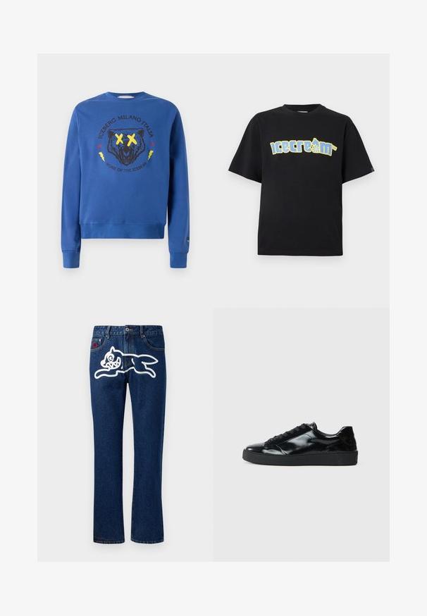 Iceberg Sweater - zaphyre; Zwart T-shirt met korte mouwen, voorzien van een grote gele en blauwe "icecrem" afbeelding met een schaatsfiguur. Zacht, gladde stof; relaxte pasvorm.; Blauwe denim jeans met rechte benen, met een grote witte afbeelding van een springend wezen op de achterzak. Standaard vijfzakendesign.; Zwarte gepatenteerde leren sneakers met een ronde neus, vetersluiting, een gestructureerde rubberen zool en een glanzende afwerking.