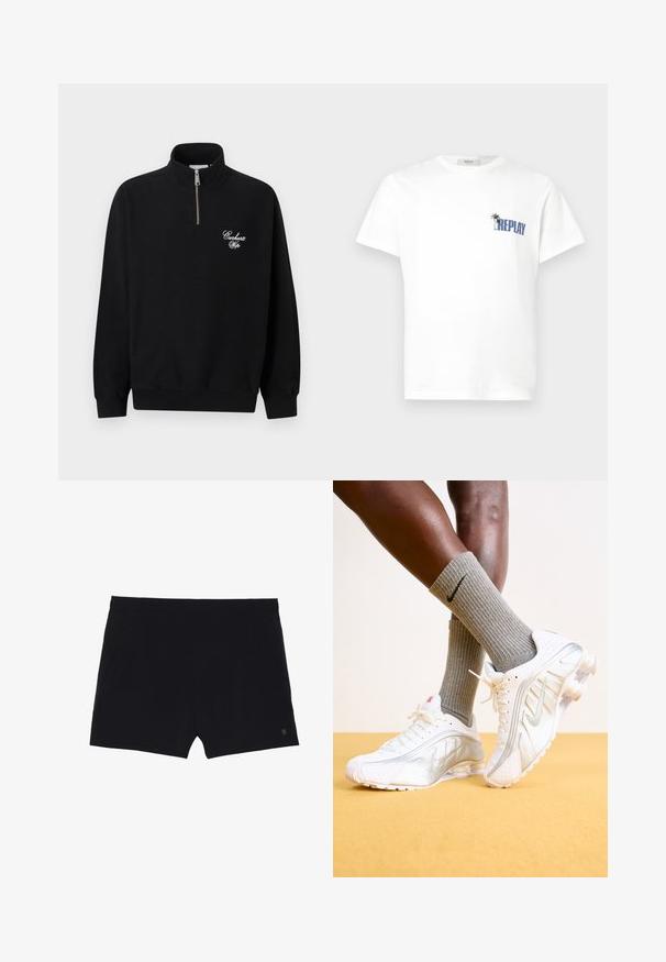 Musta neljännesvetoketjullinen collegepaita, jossa korkea kaulus, resorit hihansuissa ja helmassa, valkoisella "Carhartt Wip"-tekstilogolla vasemmassa rinnassa.; Valkoinen lyhythihainen crew neck -t-paita, jossa on pieni sininen "REPLAY"-logo ja palmukuva vasemmassa rintapielessä.; Musta urheiluhaalari, jossa on sileä pinta, joustava vyötärö ja kaksi sivutaskua. Sisältää pienen logon oikeassa alakulmassa.; Nike-kengät valkoisina hopeisilla yksityiskohdilla, joissa on teksturoituja pintoja ja reikiä. Yhdistettynä harmaisiin ribbikotivillasukkasiin keltapohjaista taustaa vasten.