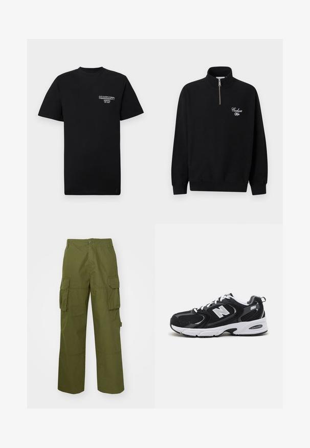 Schwarzes Viertel-Reißverschluss-Sweatshirt mit hohem Kragen, gerippten Bündchen und Saum, mit weißem "Carhartt Wip" Schriftzug-Logo auf der linken Brust.; Schwarzes Baumwoll-T-Shirt mit kurzen Ärmeln und Rundhalsausschnitt, ausgestattet mit einem weißen Drucklogo auf der linken Brust. Glatte Textur, normale Passform.; Olivgrüne Cargo-Hosen aus strapazierfähigem Material, mit zwei seitlichen Taschen, einem bequemen Schnitt und einem Knopfverschluss an der Taille.; Schwarze und graue Sportschuhe mit Obermaterial aus Mesh und Wildleder, ausgestattet mit einer weißen Zwischensohle, Schnürsenkeln und einem markanten "N"-Logo an der Seite.