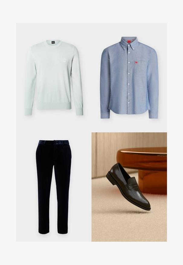 Pull bleu clair à manches longues avec col rond, bordures côtelées aux poignets et à l'ourlet, arborant un petit patch logo carré sur la poitrine gauche.; Chemise bleu clair à manches longues boutonnée avec une poche poitrine, des boutons blancs, un col boutonné et de petites étiquettes rouges avec le logo Hugo sur la poche et à l’intérieur du col.; Pantalons en velours bleu foncé avec une taille plate, des passants de ceinture et une coupe ajustée. Texture lisse et légère brillance améliorent l'apparence.; Mocassin en cuir noir au design élégant, doté d'une bande texturée et d'une finition lisse. Présenté sur un fond doux et clair.