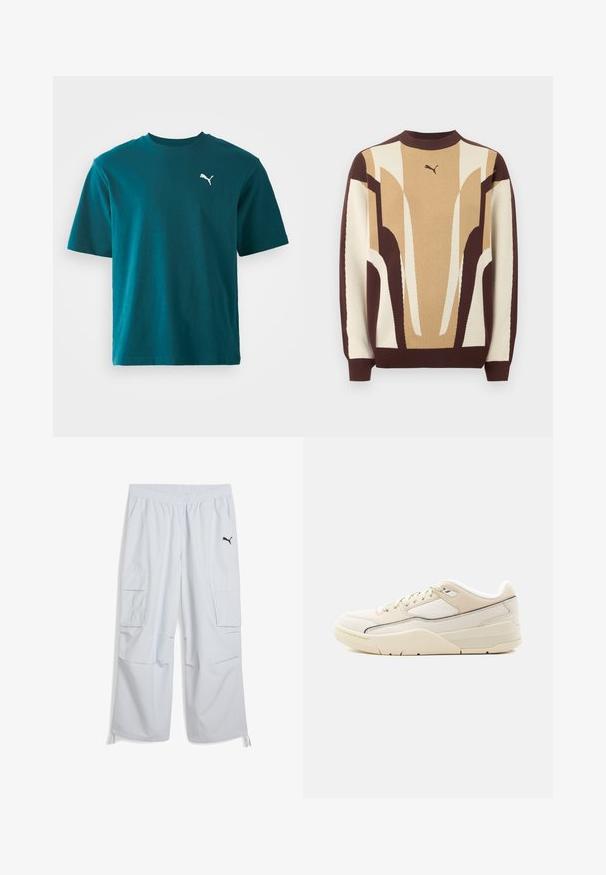 Suéter de cuello redondo con patrones geométricos abstractos en beige, marrón y crema, y pequeño logo de Puma en el pecho.; Camiseta de algodón azul verdoso con mangas cortas, cuello redondo y un logo blanco de Puma en el lado izquierdo del pecho; textura suave y corte regular.; Pantalones cargo gris claro con cintura elástica, dos bolsillos laterales y un logotipo negro en la pierna izquierda; fabricados en una tela ligera.; Zapatilla de corte bajo color crema con detalles beige, cierre de cordones, cuello acolchado y suela texturizada sobre un fondo claro y uniforme.
