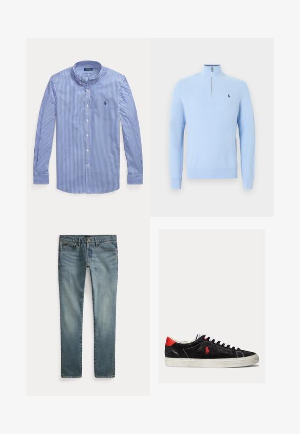 Lichtblauwe gebreide trui met lange mouwen, een kwart-ritssluiting bij de kraag en een klein donkerblauw polo-spelerlogo op de linkerborst.; Blauw-wit verticale gestreepte blouse met lange mouwen, knopen en een button-down kraag, met Polo Ralph Lauren-logo op de borst.; Blauwe denim jeans met rechte pijpen, voorzakken, riemlussen en knoopsluiting.; Zwarte suede sneakers met witte veters, rode accenten op de hak en een klein rood logo. Beschikt over een platte rubberen zool en eenvoudige stiksels.