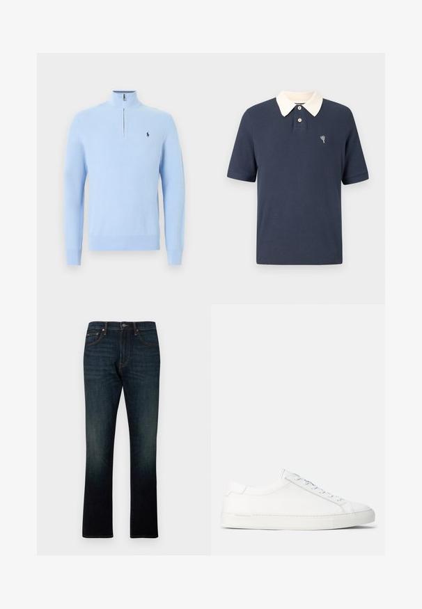 Hellblauer Langarm-Strickpullover mit Viertel-Reißverschluss am Kragen und kleinem dunkelblauem Polo-Spieler-Logo auf der linken Brust.; Navyblaues Poloshirt mit cremefarbenem Kragen, kurzen Ärmeln, gerippter Struktur, Dreiknopf-Leiste und kleinem, auf die Brust gesticktem Herzmotiv.; Dunkelblaue Straight-Leg-Denim-Jeans mit fünf Taschen und orangener Naht, flach auf weißem Hintergrund dargestellt.; Weiße Leder-Sneaker mit glatter Textur, abgerundeter Form, flacher Gummisohle und weißen Schnürsenkeln. Verfügt über ein minimalistisches Design und dezente Markenkennzeichnung.
