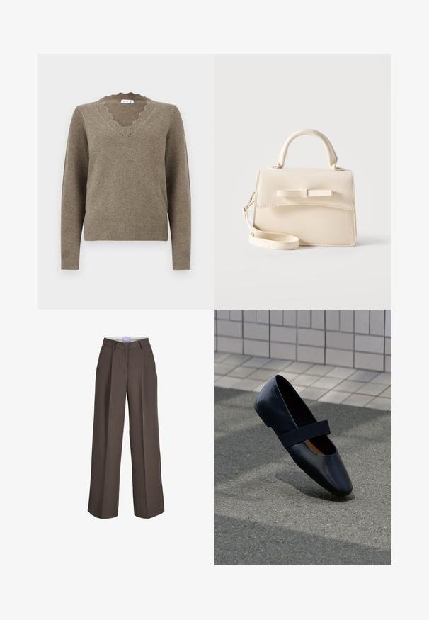 Brun strikket sweater med lange ærmer og bølget V-hals, ribbede manchetter og kant, præsenteret på en ensfarvet hvid baggrund.; Brune vidde bukser med bæltestropper, frontlige folder og en skjult lukning foran.; Sort læder flad sko med rund tå, der har en blød sort elastisk strop over vristen. Glat tekstur og minimalistisk design.; Lille beige håndtaske med top-håndtag, aftagelig rem, forreste klap og dekorativ vandret sløjfe på en ensfarvet baggrund.