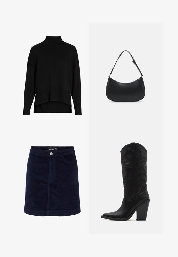 Sort strik cardigan med løs pasform, sænkede skuldre, ribbede manchetter og et høj-lav kantdesign. Blød tekstur, minimal detaljer.; Marineblå fløjl mini nederdel med en let A-form, der har knaplukning foran og to forlommer. Glat tekstur med synlige ribber.; Simmi London DANIQUE - Højhælede støvler - black; Pieces PCALUANA SHOULDER BAG - Håndtasker - black