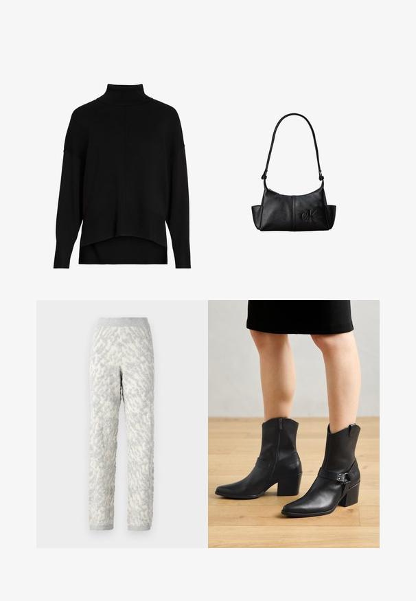 Sort strik cardigan med løs pasform, sænkede skuldre, ribbede manchetter og et høj-lav kantdesign. Blød tekstur, minimal detaljer.; Strukturerede loungbukser i elfenben med grå mønstre, der har et blødt stof, elastisk talje og ribbede manchetter.; Sorte læder ankelstøvler med spids tå, lynlås lukning, buet hæl og en dekorativ rem med metal detaljer.; Sort læder skuldertaske med lang rem, sidelommer og præget Calvin Klein-logo på fronten.
