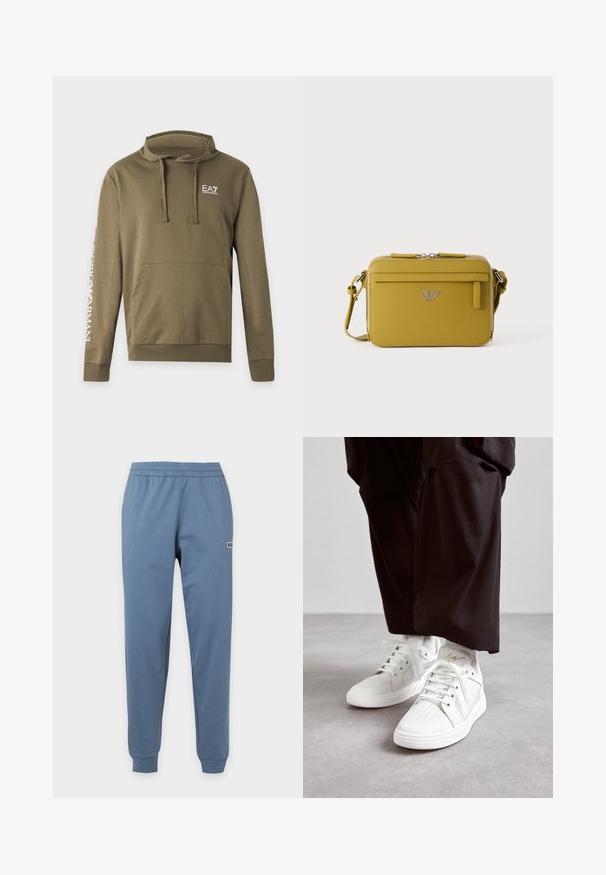 Olivengroene hoodie met voorzak, koordjes, EA7 Emporio Armani-logo op de borst en witte merknaam op linkermouw.; Blauwe joggingbroek met elastische taille, boorden bij de enkels en een klein logo op het bovenste deel van de rechterdij.; Witte hoge sneakers van soepel leer hebben een geperforeerde neus, platte witte veters en een subtiele gouden accenten op de hak.; Kleine mosterdgele rechthoekige crossbodytas met voorvak met rits en zilveren logo-embleem in het midden van het voorpaneel.