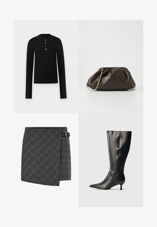 Polo negro de manga larga acanalado con cuatro botones blancos y cuello clásico, mostrado sobre un fondo claro y liso.; Falda de lana a cuadros gris oscuro con detalle de hebilla negra en el lado derecho, dobladillo recto y un sutil patrón de líneas diagonales.; Bota negra de cuero hasta la rodilla, con punta afilada y tacón bajo tipo kitten, mostrada sobre un fondo claro y sencillo.; Bolso de mano de cuero marrón con un diseño fruncido, correa de cadena dorada y un acabado suave y texturizado. Forma compacta adecuada para uso nocturno.