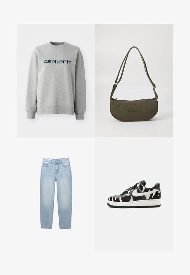 Grå sweatshirt lavet af bomuldsblanding, med rund hals og ribbede manchetter. Påtrykt logo i mørkegrøn over brystet.; Lyseblå jeans med høj talje og lige ben med forreste knap, lynlås lukning, bæltestropper og fem-lomme-design på hvid baggrund.; Nike Air Force 1 lavtop sneaker med sort og hvid ko-print, hvid Nike swoosh, sorte snørebånd og hvid sål.; Olivengrøn skuldertaske med en buet form, lavet af blødt stof, med en lynlås i toppen, justerbare stropper og præget logo-detalje.