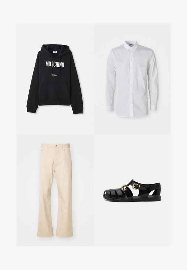 Sort hættebluse lavet af en bomuldsblandingsstof, med lomme foran, snørret hætte og hvid "MOSCHINO Milano" tryk på forsiden.; Hvid langærmet skjorte med knap-opsætning og nedknappet krave samt et diskret broderet logo på venstre bryst.; Beige bukser lavet af bomuld, med en lige ben-edesign, to frontlommer, bæltestropper og metalknaplukning.; Svarte gummisandaler med udskæringsdesign, der har en gylden spænde-lukning og en tekstureret indersål. Præget logo på hælen.