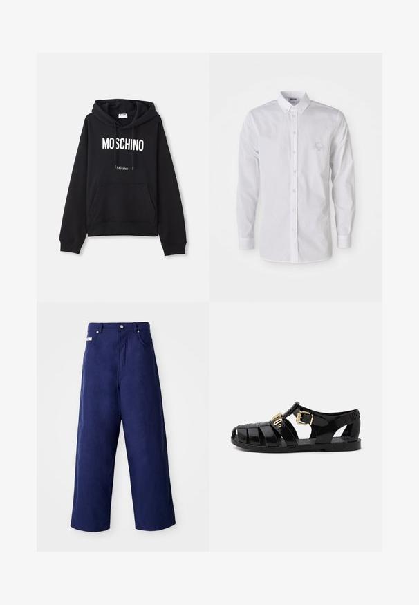 Zwarte hoodie van een katoenmix, met een kangoeroe-pocket, een capuchon met trekkoord en een witte print van "MOSCHINO Milano" op de voorkant.; Witte langemouwen button-up shirt met button-down kraag en subtiele geborduurde logo op de linkerborst.; Wijde broek in marineblauw, gemaakt van zachte stof. Heeft een knoopsluiting en vo pockets aan de voorkant, met een nette afwerking en geen zichtbare patronen.; Zwarte rubberen sandalen met uitsnijdingen, voorzien van een gouden gesp-sluiting en een textuur inlegzool. Afgedrukt logo op de hak.