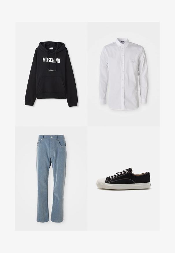 Schwarzer Hoodie aus einem Baumwollmischgewebe, mit Kängurutasche, Kapuze mit Kordelzug und weißem "MOSCHINO Milano"-Druck auf der Vorderseite.; Weißes Langarmhemd mit Knopfverschluss, Knopfkragen und dezent gesticktem Logo auf der linken Brust.; Hellblaue Cordhosen mit Knopf- und Reißverschluss, Fronttaschen und geradem Bein auf weißem Hintergrund.; Schwarze Leinensneaker mit weißer Gummikappe und -sohle, versehen mit weißen Schnürsenkeln und kontrastierenden Nähten. Niedrigprofil-Design.