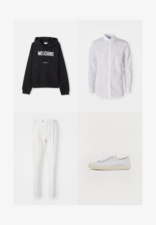 Schwarzer Hoodie aus einem Baumwollmischgewebe, mit Kängurutasche, Kapuze mit Kordelzug und weißem "MOSCHINO Milano"-Druck auf der Vorderseite.; Weißes Langarmhemd mit Knopfverschluss, Knopfkragen und dezent gesticktem Logo auf der linken Brust.; Weiße, maßgeschneiderte Hosen mit flachem Bund, zwei Falten und umgeschlagenen Säumen. Hergestellt aus einem glatten Stoff mit einem Knopfverschluss an der Taille.; Weißes Leinenschuh mit runder Zehenpartie, flacher cremefarbener Gummisohle, sechs Ösen für die Schnürsenkel und dezenten Nähdetails auf dem Obermaterial.