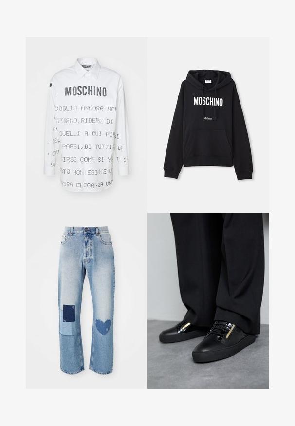 Sort hættebluse lavet af en bomuldsblandingsstof, med lomme foran, snørret hætte og hvid "MOSCHINO Milano" tryk på forsiden.; Hvid skjorte med lange ærmer og spidse krave, der har sort tekst og grafiske designs trykt på for- og bagside. Knappelukning.; Lyseblå denim jeans med lige snit, der har to lapdetailler: et kvadrat og et hjerte, begge i mørkere denimtoner.; Sorte lædersneakers med blanke accenter, teksturerede snørebånd og lynlåsdetalje; parret med mørke, løse bukser på et gråt gulv.
