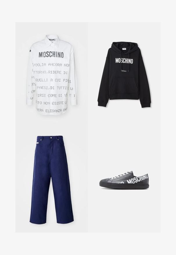 Čierna mikina s kapucňou vyrobená z kombinácie bavlny, s klokanieškovým vreckom, sťahovacou kapucňou a bielym potlačením "MOSCHINO Milano" na prednej strane.; Biela košeľa s dlhým rukávom a špicatým golierom, s čiernym textom a grafickými dizajnami potlačenými na prednej a zadnej strane. S uzatváraním na gombíky.; Nadmorské nohavice v námořní modrej farbe, vyrobené z mäkkej látky. Majú uzáver na gombík a predné vrecká, s čistým popodom a bez viditeľných vzorov.; Čierna nízka teniska s bielymi šnúrkami a nápisom „MOSCHINO“ vytlačeným veľkými bielymi písmenami po boku a na päte.