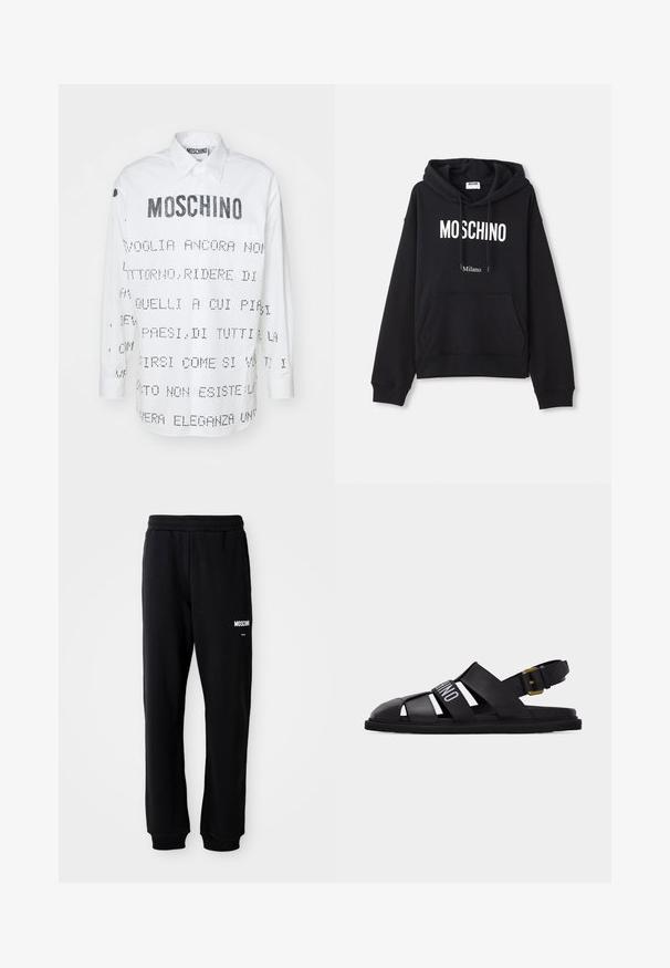 Čierna mikina s kapucňou vyrobená z kombinácie bavlny, s klokanieškovým vreckom, sťahovacou kapucňou a bielym potlačením "MOSCHINO Milano" na prednej strane.; Biela košeľa s dlhým rukávom a špicatým golierom, s čiernym textom a grafickými dizajnami potlačenými na prednej a zadnej strane. S uzatváraním na gombíky.; Čierne tepláky s relaxed fit strihom, vyrobené z mäkkého materiálu. Majú elastický pás a biele logo "Moschino" na ľavom stehne.; Čierna kožená sandála v rybárskom štýle s nastaviteľným remienkom okolo členka, zlatou prackou a bielym nápisom značky na prednom remienku.