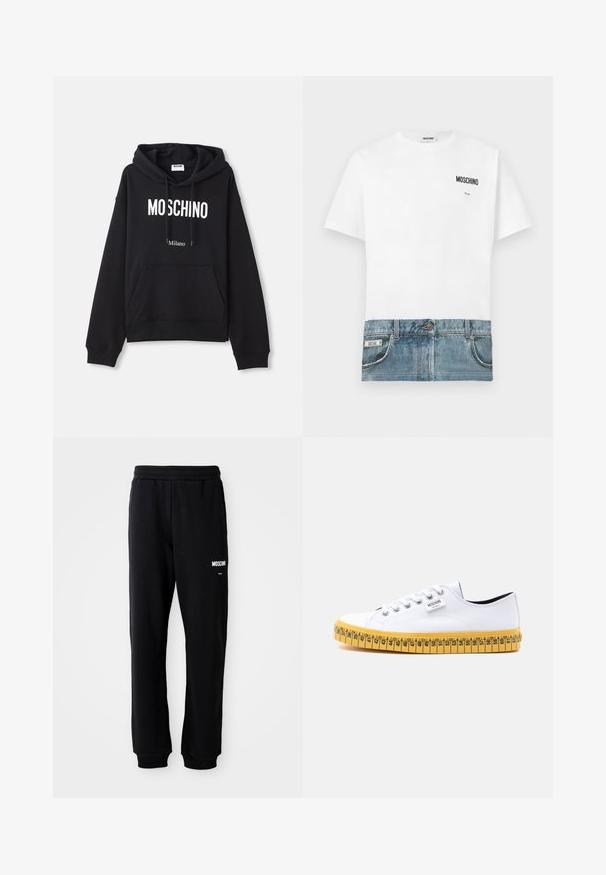 Sudadera negra hecha de una mezcla de algodón, con un bolsillo tipo canguro, capucha con cordones y estampado en blanco "MOSCHINO Milano" en la parte delantera.; Camiseta blanca con estampado de denim en la parte inferior, con bolsillos y costuras. Logo "Moschino" impreso en la parte superior izquierda.; Pantalones de chándal negros con un corte relajado, hechos de una tela suave. Presentan una cintura elástica y el logo blanco de "Moschino" en el muslo izquierdo.; Zapatilla blanca de lona de caña baja con cordones blancos y suela amarilla diseñada para parecer una cinta métrica con marcas de talla.