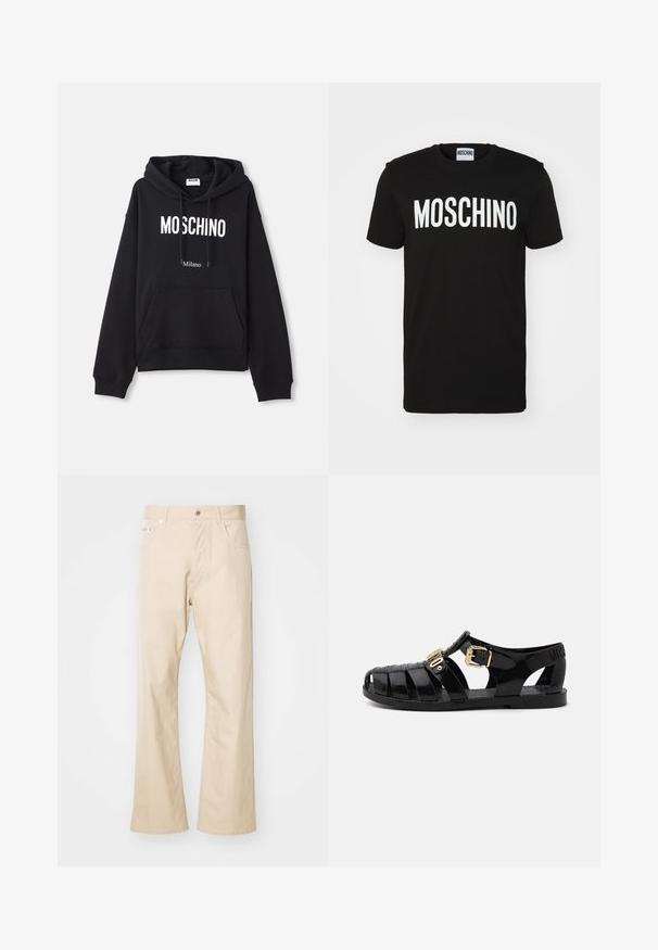 Čierna mikina s kapucňou vyrobená z kombinácie bavlny, s klokanieškovým vreckom, sťahovacou kapucňou a bielym potlačením "MOSCHINO Milano" na prednej strane.; Čierne bavlnené tričko s tučným bielym nápisom "MOSCHINO" na prednej strane; okrúhly výstrih a krátke rukávy. Jednoduchý dizajn, klasický strih.; Béžové nohavice vyrobené z bavlny, s priamym strihom, dvoma prednými vreckami, pútkami na opasok a kovovým zapínaním.; Čierne gumové šľapky s výrezovým dizajnom, s prackou zlaté farby a textúrovanou stielkou. Logo vyrazené na päte.