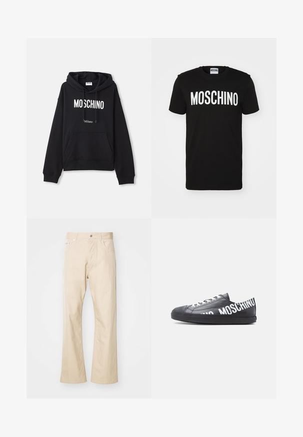 Sort hættebluse lavet af en bomuldsblandingsstof, med lomme foran, snørret hætte og hvid "MOSCHINO Milano" tryk på forsiden.; Sort bomulds t-shirt med fed hvid "MOSCHINO" tekst på forsiden; rund hals og korte ærmer. Simpelt design, klassisk pasform.; Beige bukser lavet af bomuld, med en lige ben-edesign, to frontlommer, bæltestropper og metalknaplukning.; Sort lavt snøresko med hvide snørebånd og "MOSCHINO" trykt med store hvide bogstaver langs siden og på hælen.