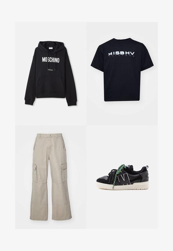 Hoodie noir en tissu mélangé coton, doté d'une poche kangourou, d'une capuche avec cordon de serrage, et d'un imprimé blanc "MOSCHINO Milano" à l'avant.; MISBHV WARSZAWA - T-shirt imprimé - black; Pantalons cargo kaki en coton mélangé, avec des jambes larges, plusieurs poches latérales et des détails de couture subtils.; Basket basse noire avec semelle blanche, grand "M" blanc contour sur le côté, et lacets dépareillés noirs et verts à motif.
