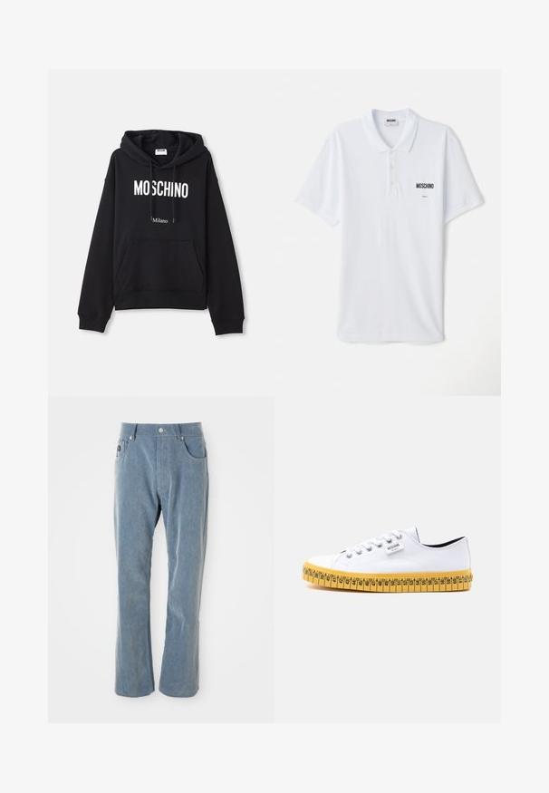Schwarzer Hoodie aus einem Baumwollmischgewebe, mit Kängurutasche, Kapuze mit Kordelzug und weißem "MOSCHINO Milano"-Druck auf der Vorderseite.; Weißes Poloshirt aus Baumwolle mit einem Drei-Knopf-Verschluss, kurzen Ärmeln und einem kleinen schwarzen "Moschino"-Logo auf der Brust.; Hellblaue Cordhosen mit Knopf- und Reißverschluss, Fronttaschen und geradem Bein auf weißem Hintergrund.; Weißer Canvas-Sneaker in niedriger Ausführung mit weißen Schnürsenkeln und einer gelben Sohle, die wie ein Maßband mit Größenmarkierungen gestaltet ist.