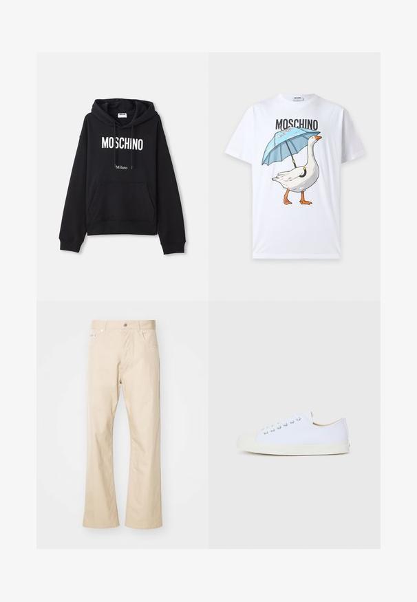 Sort hættebluse lavet af en bomuldsblandingsstof, med lomme foran, snørret hætte og hvid "MOSCHINO Milano" tryk på forsiden.; Hvid T-shirt med teksten "Moschino" over en grafik af en hvid gås, der holder en blå paraply over ryggen.; Beige bukser lavet af bomuld, med en lige ben-edesign, to frontlommer, bæltestropper og metalknaplukning.; Hvide lærredssko med rund tå, gummikappe og flad sål. Har metaløjer og et enkelt snørebånddesign.