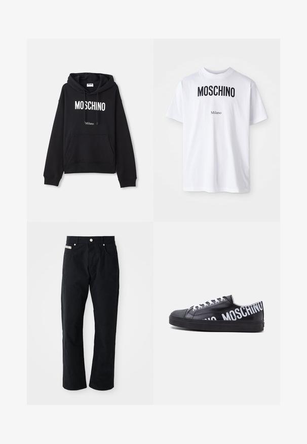 Zwarte hoodie van een katoenmix, met een kangoeroe-pocket, een capuchon met trekkoord en een witte print van "MOSCHINO Milano" op de voorkant.; Witte katoenen T-shirt met bold zwarte "MOSCHINO" tekst boven de kleinere tekst "Milano". Klassieke ronde hals en korte mouwen.; Zwarte katoenen broek met een recht model, vijf zakken, zilverkleurige hardware en een subtiel gestructureerd oppervlak.; Zwarte lage sneaker met witte veters en vetgedrukte witte "MOSCHINO" tekst die om de hiel en zijkant loopt.
