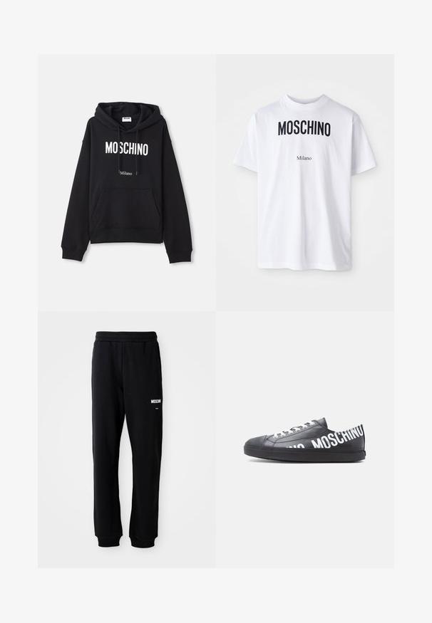 Sudadera negra hecha de una mezcla de algodón, con un bolsillo tipo canguro, capucha con cordones y estampado en blanco "MOSCHINO Milano" en la parte delantera.; Camiseta de algodón blanca con el texto en negrita negro "MOSCHINO" encima del texto más pequeño "Milano". Cuello redondo clásico y mangas cortas.; Pantalones de chándal negros con un corte relajado, hechos de una tela suave. Presentan una cintura elástica y el logo blanco de "Moschino" en el muslo izquierdo.; Zapatilla deportiva negra de corte bajo con cordones blancos y "MOSCHINO" impreso en grandes letras blancas a lo largo del lateral y el talón.