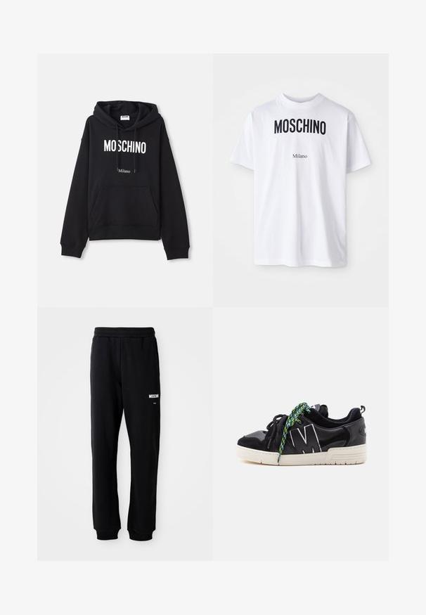 Čierna mikina s kapucňou vyrobená z kombinácie bavlny, s klokanieškovým vreckom, sťahovacou kapucňou a bielym potlačením "MOSCHINO Milano" na prednej strane.; Biele bavlnené tričko s odvážnym čiernym textom "MOSCHINO" nad menším textom "Milano". Klasický okrúhly výstrih a krátke rukávy.; Čierne tepláky s relaxed fit strihom, vyrobené z mäkkého materiálu. Majú elastický pás a biele logo "Moschino" na ľavom stehne.; Čierna nízka teniska s bielou podrážkou, veľkým bielym ohraničeným "M" na boku a nezhodnými čiernymi a zelenými vzorovanými šnúrkami.