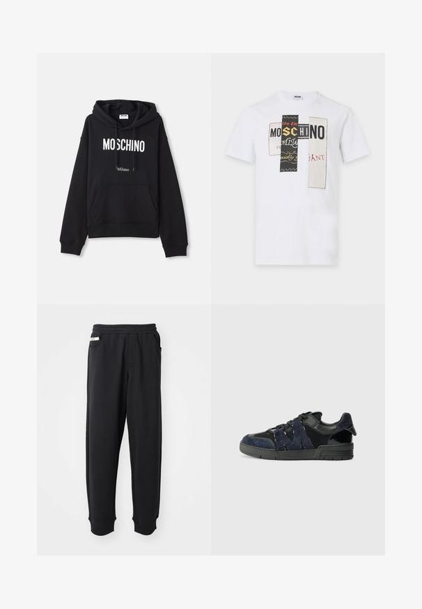 Čierna mikina s kapucňou vyrobená z kombinácie bavlny, s klokanieškovým vreckom, sťahovacou kapucňou a bielym potlačením "MOSCHINO Milano" na prednej strane.; Biele tričko s krátkym rukávom s tromi vertikálnymi nášivkami s fragmentovaným textom vrátane "MOSCHINO" v čiernych, žltých a červených písmenách.; Čierne tepláky vyrobené z mäkkého materiálu, s elastickým pásom, bočnými vreckami a rebrovanými manžetami na členkoch. Minimalistický dizajn.; Čierne a námornícke tenisky sú vyrobené z semišových a sieťovinových materiálov, majú hrubú podrážku a výrazný výrez v tvare "M" na boku.