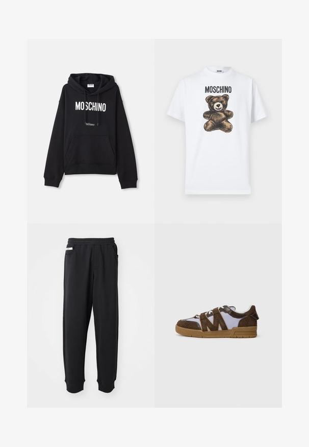 Čierna mikina s kapucňou vyrobená z kombinácie bavlny, s klokanieškovým vreckom, sťahovacou kapucňou a bielym potlačením "MOSCHINO Milano" na prednej strane.; Biele bavlnené tričko s motívom hnedého medvedíka s veľkými očami a vyšitou ústami, označené nápisom „MOSCHINO“ tučným čiernym písmom.; Čierne tepláky vyrobené z mäkkého materiálu, s elastickým pásom, bočnými vreckami a rebrovanými manžetami na členkoch. Minimalistický dizajn.; Tenisky s vrchnou časťou zo hnedého semišu, béžovými sieťovinovými panelmi a gumovou podrážkou. Výrazný cik-cak dizajn na bokoch. Zapínanie na šnúrky.