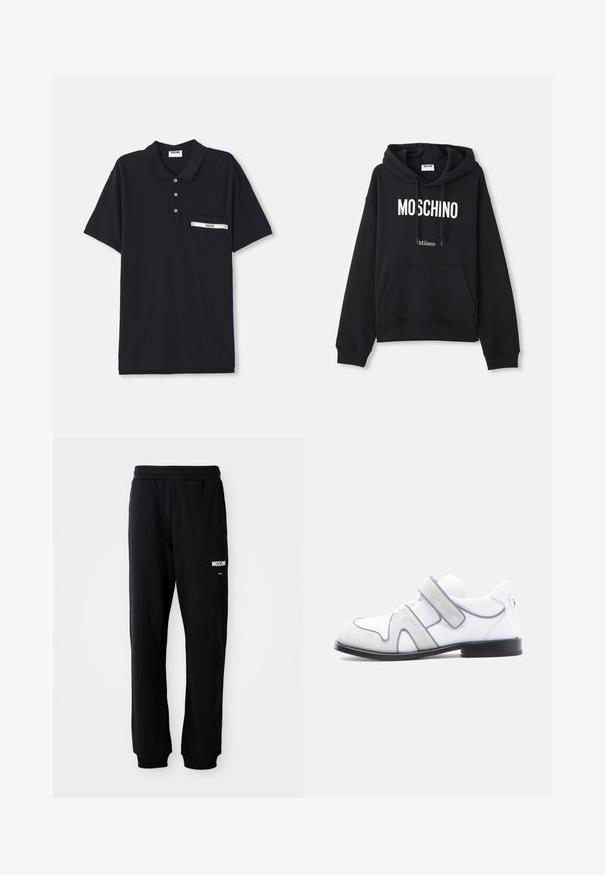 Must must kootesegust koosneb puuvilla segust, esiosas on kangaroopocket, kuppel, millel on pael ja valge "MOSCHINO Milano" trükk.; Must valge polo särk, mis on valmistatud puuvillast, kolme nööbiga kaelusega, lühikeste varrukatega ja rinnakotiga, millel on hõbedane aktsent ja märk.; Mustad mustad, lõdva lõikega, pehmest kangast. Omab elastset vöökohta ja valget "Moschino" logo vasakul reiel.; Valge nahast ja halli seemisnahast kleitking musta tallaga ning ühe laia takjakinnitusega küljel.