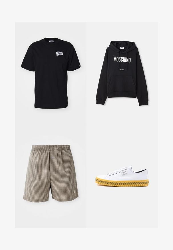 Sudadera negra hecha de una mezcla de algodón, con un bolsillo tipo canguro, capucha con cordones y estampado en blanco "MOSCHINO Milano" en la parte delantera.; Camiseta de algodón negra con cuello redondo y mangas cortas. Presenta un logo impreso blanco en el área del pecho izquierdo. Diseño simple, corte estándar.; Pantalones cortos a cuadros marrones con una cinturilla elástica, bolsillos laterales y un pequeño detalle de logo cerca del dobladillo. Tejido ligero.; Zapatilla blanca de lona de caña baja con cordones blancos y suela amarilla diseñada para parecer una cinta métrica con marcas de talla.