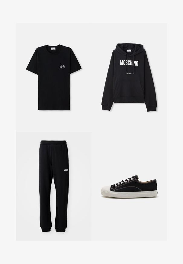 Sudadera negra hecha de una mezcla de algodón, con un bolsillo tipo canguro, capucha con cordones y estampado en blanco "MOSCHINO Milano" en la parte delantera.; Camiseta de algodón negra con escote redondo. Presenta un pequeño diseño gráfico blanco en el pecho. Mangas cortas y dobladillo recto.; Pantalones de chándal negros con un corte relajado, hechos de una tela suave. Presentan una cintura elástica y el logo blanco de "Moschino" en el muslo izquierdo.; Zapatillas de lona negras con puntera y suela de goma blanca, que presentan cordones blancos y costuras en contraste. Diseño de perfil bajo.