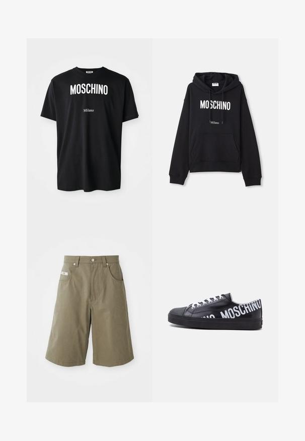 Sort hættebluse lavet af en bomuldsblandingsstof, med lomme foran, snørret hætte og hvid "MOSCHINO Milano" tryk på forsiden.; Sort bomulds t-shirt med rund hals. Har fed hvid tekst: "MOSCHINO" ovenfor og "Milano" nedenfor. Enkel, klassisk design.; MOSCHINO TAPE - Shorts - green; Sort lavtop sneaker med hvide snørebånd og fed hvid "MOSCHINO" tekst, der vikler sig rundt om hælen og siden.