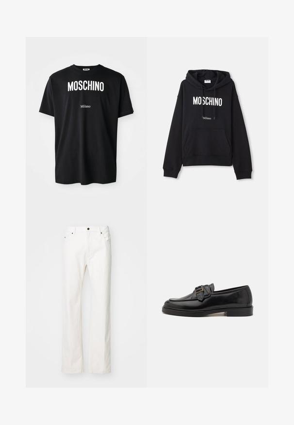 Schwarzer Hoodie aus einem Baumwollmischgewebe, mit Kängurutasche, Kapuze mit Kordelzug und weißem "MOSCHINO Milano"-Druck auf der Vorderseite.; Schwarzes Baumwoll-T-Shirt mit rundem Halsausschnitt. Mit fettem weißen Text: "MOSCHINO" oben und "Milano" unten. Einfaches, klassisches Design.; Weiße Jeans mit geradem Bein, ausgestattet mit einem Fünf-Taschen-Design, einem Metallknopfverschluss und minimalen Nähten.; Schwarze Leder-Lederschuhe mit abgerundeter Zehenpartie und dekorativem Schnallenakzent. Flacher, solider Absatz und durchgehend glatte Oberfläche.