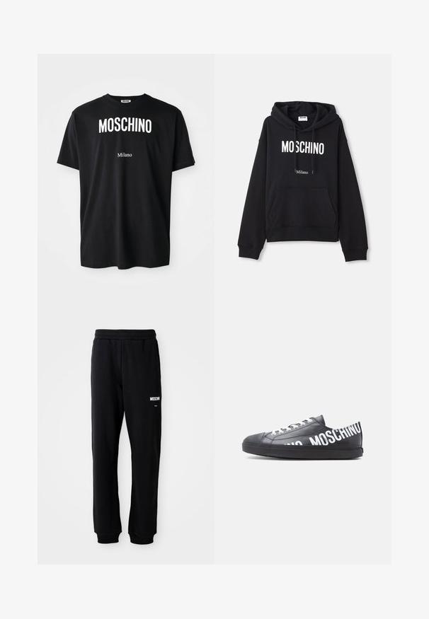 Čierna mikina s kapucňou vyrobená z kombinácie bavlny, s klokanieškovým vreckom, sťahovacou kapucňou a bielym potlačením "MOSCHINO Milano" na prednej strane.; Čierne bavlnené tričko s okrúhlym výstrihom. Obsahuje výrazný biely text: "MOSCHINO" hore a "Milano" dole. Jednoduchý, klasický dizajn.; Čierne tepláky s relaxed fit strihom, vyrobené z mäkkého materiálu. Majú elastický pás a biele logo "Moschino" na ľavom stehne.; Čierna nízka teniska s bielymi šnúrkami a nápisom „MOSCHINO“ vytlačeným veľkými bielymi písmenami po boku a na päte.