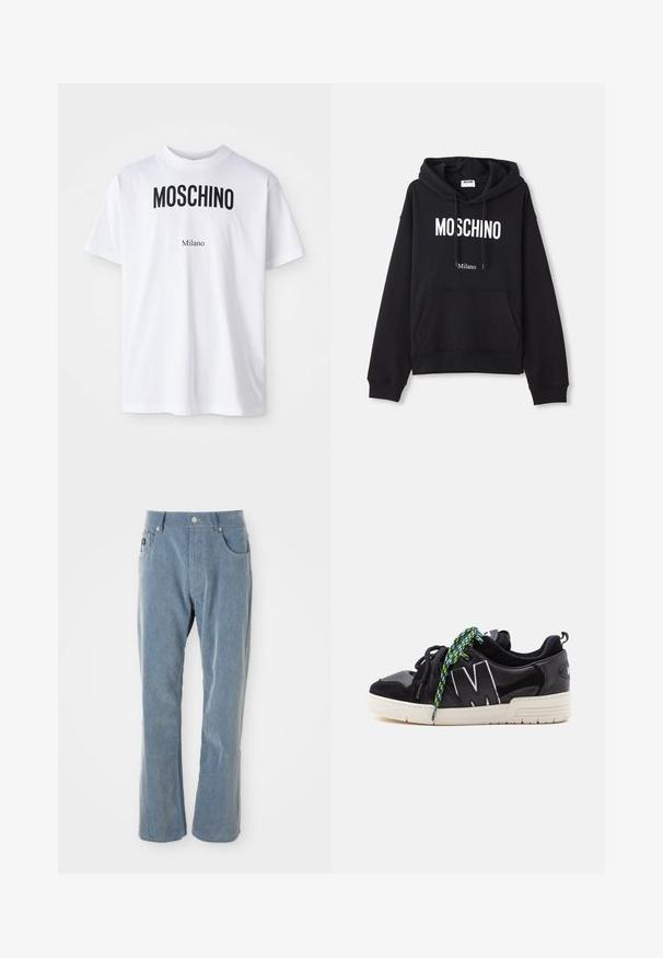 Čierna mikina s kapucňou vyrobená z kombinácie bavlny, s klokanieškovým vreckom, sťahovacou kapucňou a bielym potlačením "MOSCHINO Milano" na prednej strane.; Biele bavlnené tričko s odvážnym čiernym textom "MOSCHINO" nad menším textom "Milano". Klasický okrúhly výstrih a krátke rukávy.; Svetlomodré kordové nohavice s gombíkovým a zipsovým uzáverom, prednými vreckami a rovnými nohavicami na bielom pozadí.; Čierna nízka teniska s bielou podrážkou, veľkým bielym ohraničeným "M" na boku a nezhodnými čiernymi a zelenými vzorovanými šnúrkami.