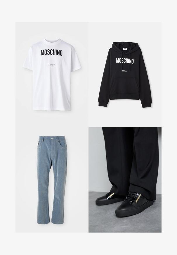 Čierna mikina s kapucňou vyrobená z kombinácie bavlny, s klokanieškovým vreckom, sťahovacou kapucňou a bielym potlačením "MOSCHINO Milano" na prednej strane.; Biele bavlnené tričko s odvážnym čiernym textom "MOSCHINO" nad menším textom "Milano". Klasický okrúhly výstrih a krátke rukávy.; Svetlomodré kordové nohavice s gombíkovým a zipsovým uzáverom, prednými vreckami a rovnými nohavicami na bielom pozadí.; Čierne kožené tenisky s lesklými akcentmi, textúrovanými šnúrkami a zipsom; v kombinácii s tmavými, voľnými nohavicami na šedé podlahe.