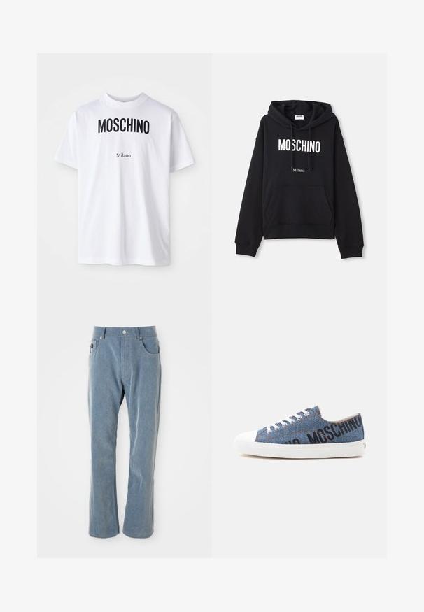 Zwarte hoodie van een katoenmix, met een kangoeroe-pocket, een capuchon met trekkoord en een witte print van "MOSCHINO Milano" op de voorkant.; Witte katoenen T-shirt met bold zwarte "MOSCHINO" tekst boven de kleinere tekst "Milano". Klassieke ronde hals en korte mouwen.; Lichtblauwe corduroy broek met knoop- en ritssluiting, voorzakken en rechte pijpen op witte achtergrond.; Lage denim sneaker met witte rubberen zool en veters, met zwarte tekst "MOSCHINO" aan de zijkant.