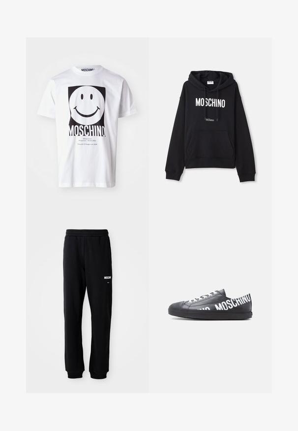 Sort hættebluse lavet af en bomuldsblandingsstof, med lomme foran, snørret hætte og hvid "MOSCHINO Milano" tryk på forsiden.; Hvid bomulds T-shirt med et stort sort smiley-ansigt grafik, med "MOSCHINO" trykt nedenfor og arrangementsdetaljer i mindre tekst.; Sorte sweatpants med en afslappet pasform, lavet af blødt stof. Har en elastisk talje og hvidt "Moschino" logo på venstre lår.; Sort lavt snøresko med hvide snørebånd og "MOSCHINO" trykt med store hvide bogstaver langs siden og på hælen.