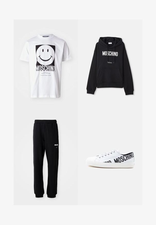 Sort hættebluse lavet af en bomuldsblandingsstof, med lomme foran, snørret hætte og hvid "MOSCHINO Milano" tryk på forsiden.; Hvid bomulds T-shirt med et stort sort smiley-ansigt grafik, med "MOSCHINO" trykt nedenfor og arrangementsdetaljer i mindre tekst.; Sorte sweatpants med en afslappet pasform, lavet af blødt stof. Har en elastisk talje og hvidt "Moschino" logo på venstre lår.; Hvid lavt sneakers med hvide snørebånd og sort "MOSCHINO" tekst delvist synlig på siden og hælen.