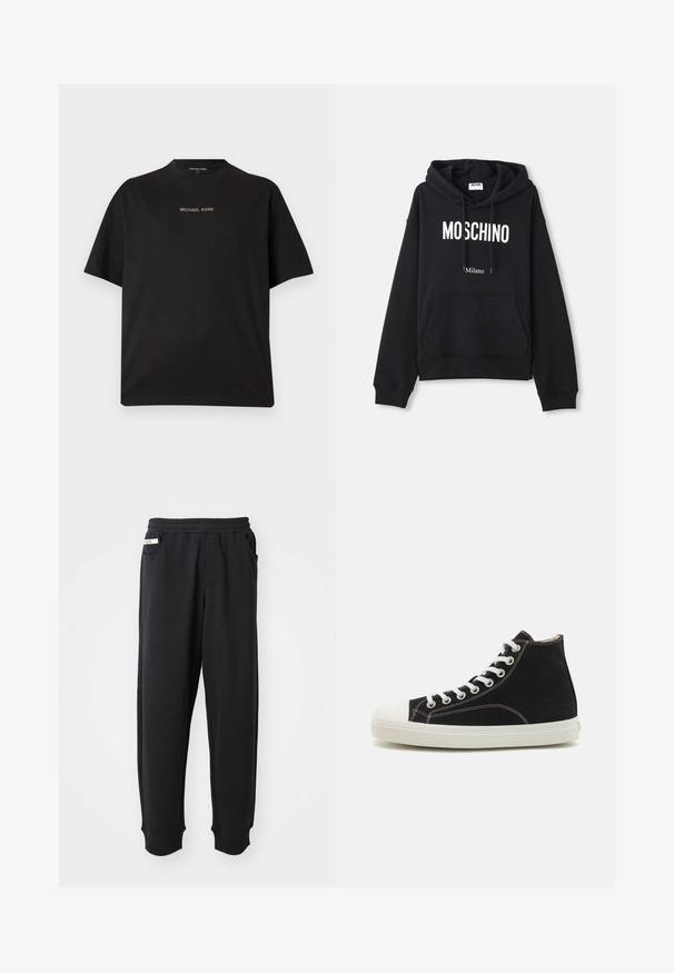 Zwarte hoodie van een katoenmix, met een kangoeroe-pocket, een capuchon met trekkoord en een witte print van "MOSCHINO Milano" op de voorkant.; Zwart T-shirt met korte mouwen en ronde hals met het "MICHAEL KORS"-logo gecentreerd in kleine gouden letters op de borst.; Zwarte sweatpants van zachte stof, met een elastische tailleband, zijzakken en geribbelde boorden bij de enkels. Minimalistisch ontwerp.; Zwarte hoge sneakers van canvas met een witte rubberen zool en neus. Voorzien van witte veters en contrasterende stikdetails.