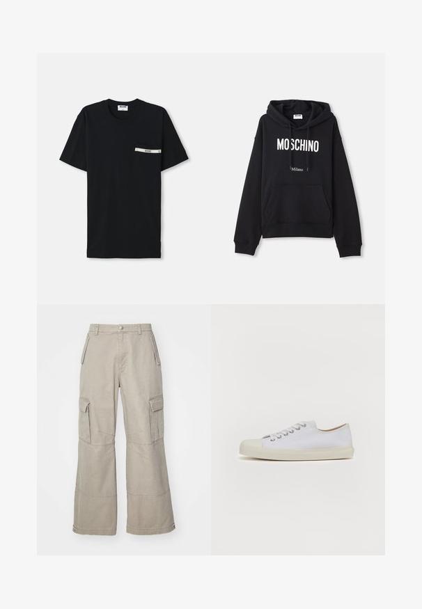 Must must kootesegust koosneb puuvilla segust, esiosas on kangaroopocket, kuppel, millel on pael ja valge "MOSCHINO Milano" trükk.; Mustmust värvi puuvillane T-särk lühikeste varrukatega, ümmargune kaelus ning vasakul pool tasku, millel on valge triip ja logo detail.; Khaki värvitud kotipüksid, mis on valmistatud puuvillasegusest, laiad jalad, mitmed küljetaskud ja peened õmblusdetailid.; Valge kanvasest tennis, ümar ette, lamedal kreemival kummitaldal, kuus aukku paelte jaoks ja peened õmblused pealisel.