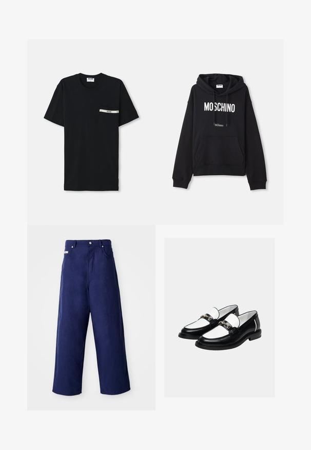 Čierna mikina s kapucňou vyrobená z kombinácie bavlny, s klokanieškovým vreckom, sťahovacou kapucňou a bielym potlačením "MOSCHINO Milano" na prednej strane.; Čierne bavlnené tričko s krátkymi rukávmi, okrúhlym výstrihom a ľavým vreckom, ktoré má biely pruh a logo.; Nadmorské nohavice v námořní modrej farbe, vyrobené z mäkkej látky. Majú uzáver na gombík a predné vrecká, s čistým popodom a bez viditeľných vzorov.; Pár čierno-bielych kožených mokasín s detailom zlatého reťaze na vrchu, na jednoduchom svetlom pozadí.