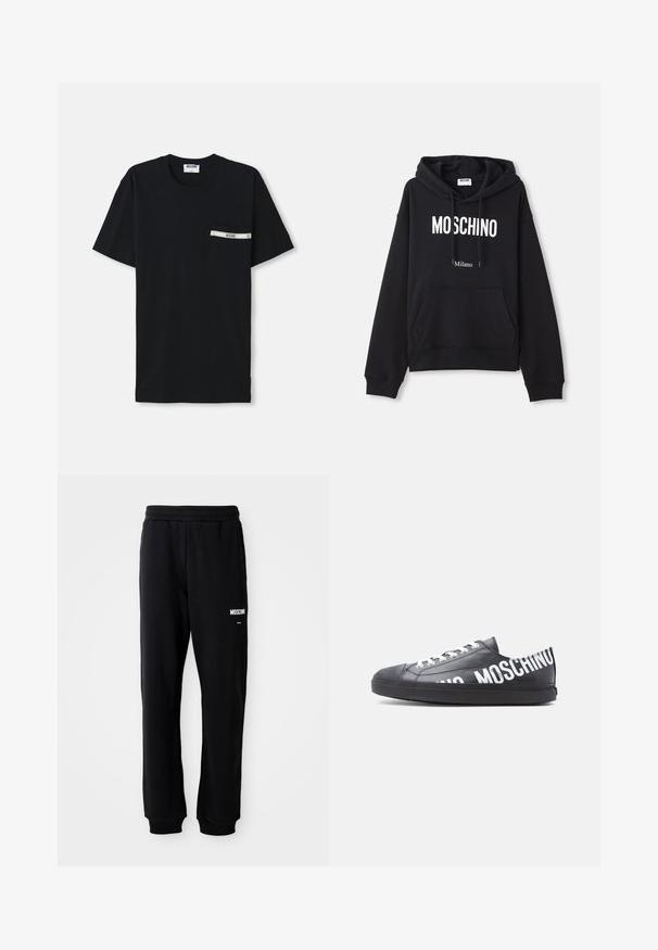 Sudadera negra hecha de una mezcla de algodón, con un bolsillo tipo canguro, capucha con cordones y estampado en blanco "MOSCHINO Milano" en la parte delantera.; Camiseta de algodón negra de manga corta, con cuello redondo y un bolsillo en el lado izquierdo que presenta una raya blanca y un detalle de logo.; Pantalones de chándal negros con un corte relajado, hechos de una tela suave. Presentan una cintura elástica y el logo blanco de "Moschino" en el muslo izquierdo.; Zapatilla deportiva negra de corte bajo con cordones blancos y "MOSCHINO" impreso en grandes letras blancas a lo largo del lateral y el talón.